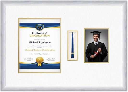Diploma Tassel and Photo Frame Stainless Silver Shadowbox Oyster Shell Over Gold Mat - Fits 8.5 x 11 Degree Picture Made in the USA