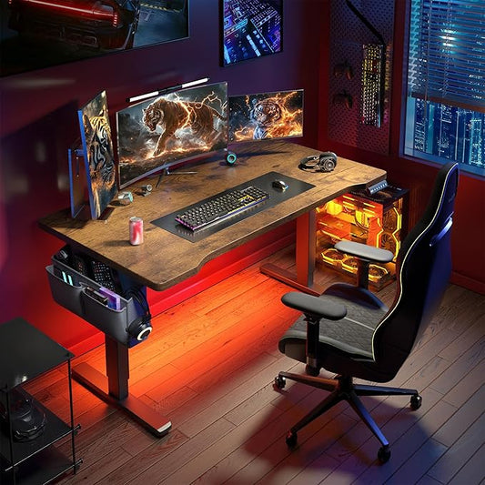 EnHomee Gaming Desk with LED Lights,Computer Desk Adjustable Electric Standing Height Office Desk with 3 Memory Preset,Storage Side Pocket and Cable Management,Rustic Brown，48 x 24 Inch