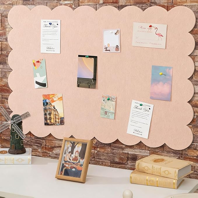Scalloped Felt Bulletin Board 72 x 48 Inches Foldable Flesh Pink Pin Cork Board Alternative for Wall, 6' x 4' Trifold Picture Vision Self Adhesive Bulletin Decorative