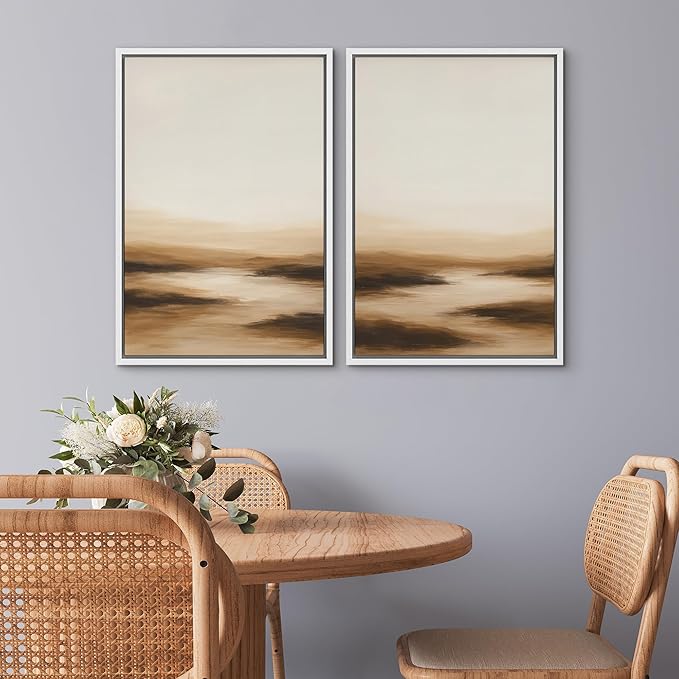 SIGNWIN Framed Canvas Print Wall Art Set Warm Brown Abstract Horizon Neutral Minimalist Landscape Illustrations Modern Art Decorative Multicolor for Living Room, Bedroom, Office - 24"x36"x2 White