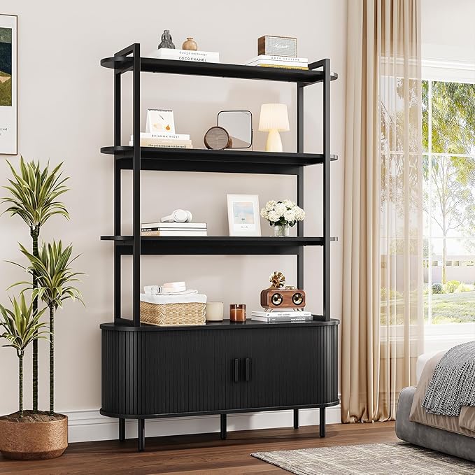 5 Tier Bookshelf with Fluted Cabinet, Tall Bookcase with Sliding Door, Metal and Wood Display Shelf, Free Standing Storage Shelving Unit, Corner Storage Organizer for Living Room, Home Office, Black