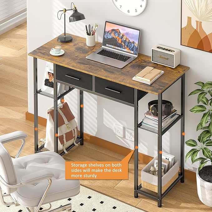 Computer Desk with Drawers, 37.3 Inch Home Office Work Desk with Storage Shelf, Kids Teens Study Table for Small Space, Small Writing PC Table for Bedroom Makeup Vanity Desk, Brown
