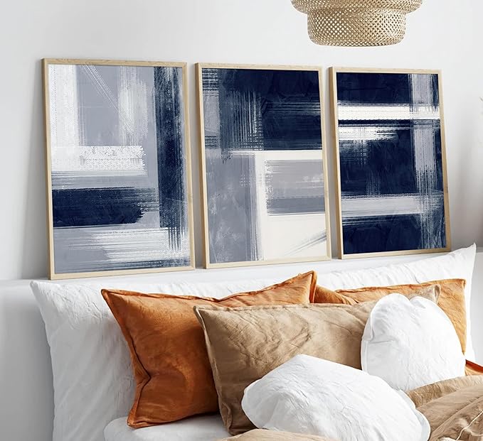 Wavkkey 3Pcs Navy Blue Abstract Wall Art Blue Grey Neutral Modern Geometric Abstract Painting Poster Wall Decor Canvas Print Artwork for Living Room Bedroom Office Home Decoration Unframed