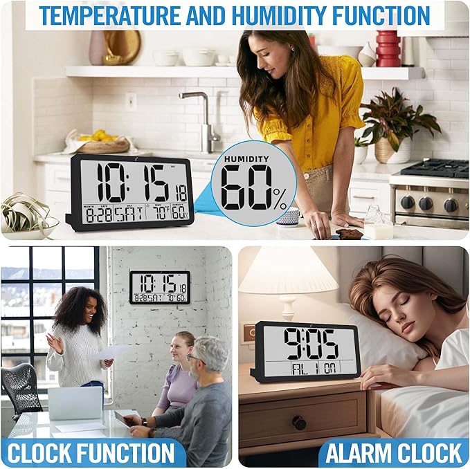 TXL Large Display Digital Wall Clock, Battery Operated with Temperature & Humidity, Auto DST, Date & Weekday, Easy Set Alarm, for Living Room, Bedroom, Office & Classroom (Black)