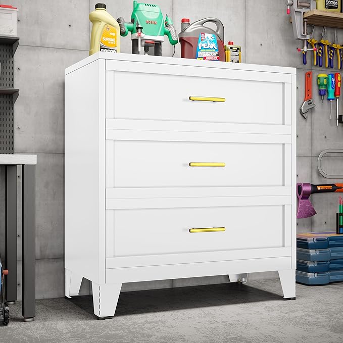 3 Drawers Dresser for Bedroom, Metal Closet Drawer Dresser Chest Organizer, Drawer Cabinet for Home Office Collection and Storage Small Size Files (White)
