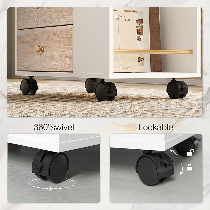 3 Drawer Mobile File Cabinet, Wood Rolling Filing Cabinet with Lockable Wheels, Utility Cart with Open Storage Shelves Home Office Fits A4/Legal, 19.7" x 11.8" x 26.3", Light Walnut