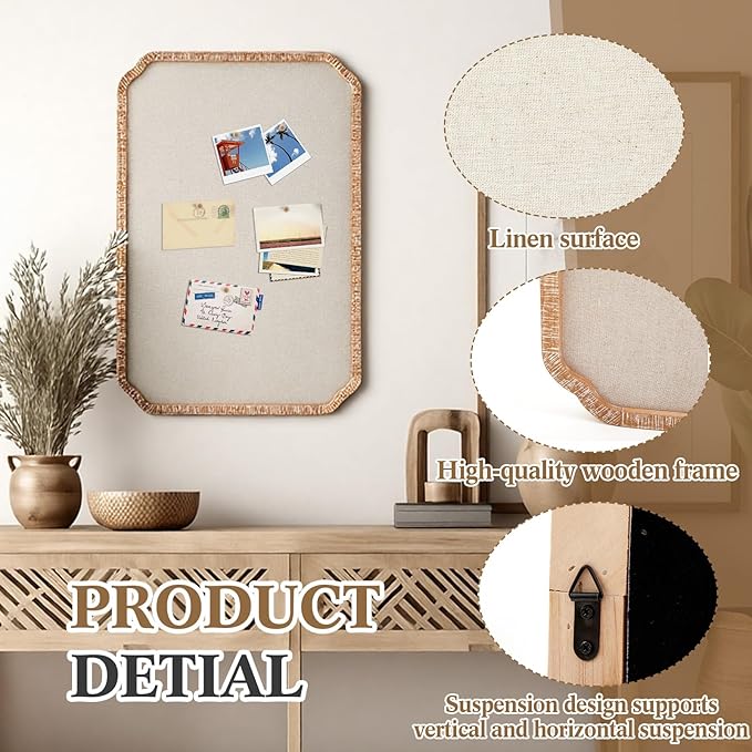 Vintage Framed Pin Board Linen Display Bulletin Board Large Cork Fabric Picture Photo Pinboard Memo Ornate Decorative Pinboard Ornate for Wall Gift(Scalloped,20'' X 30'',Light Brown)