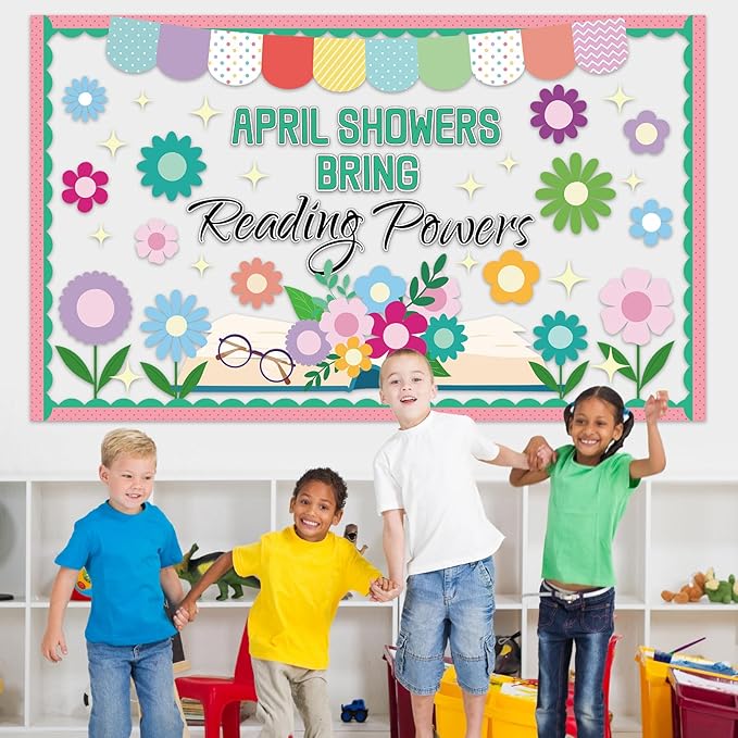 Spring Reading Bulletin Board Set Floral Classroom Decoration April Showers Bring Reading Bulletin Board Spring Floral Cutouts for Back to School Office Home Chalkboard Wall Decor