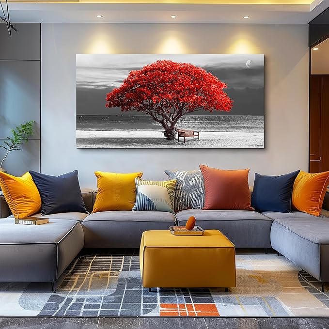 wall art for living room Decorations Photo Prints - panoramic black and white with red trees The moon Landscape - Modern Home Decor The room Stretched and Framed Ready to Hang artwork 30x60inches
