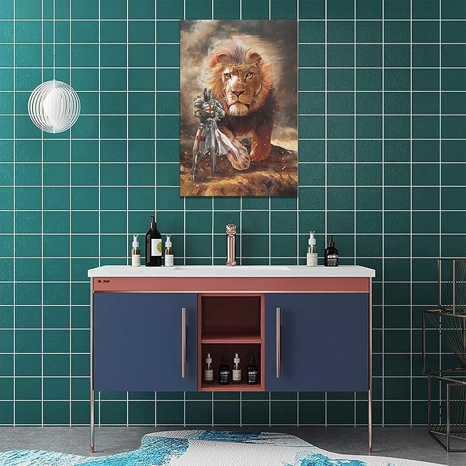 yerretin Christian Lion Of Judah Wall Art Lion Warrior Pictures Wall Decor Religious Knight Canvas Painting Home Decorations Artwork for Bathroom Bedroom Living Room Office Framed 16"x24"
