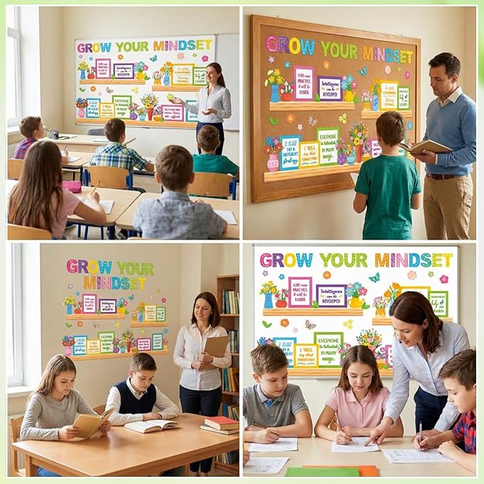 Qilery Growth Mindset Bulletin Board Set - Spring Floral Classroom Decorations & Positive Affirmation Wall Art, Motivational Potted Plant Cutouts for Teacher & Elementary School Counselor