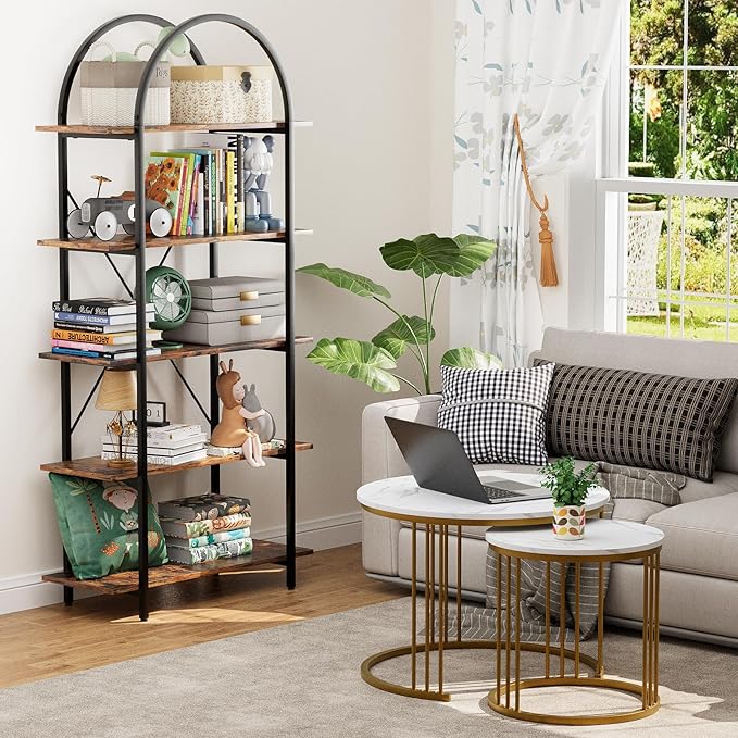 Arched Bookshelf 5 Tier Book Shelf, 31.5 Inch Width Industrial Arch Bookcase, Curved Tall Bookshelf with Open Shelves for Home Office, Living Room, Bedroom, Rustic Brown
