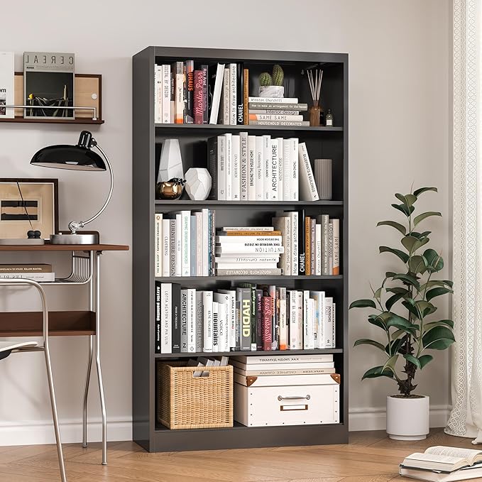 Bookcase,5 Tier Bookshelf,55" Tall Free Standing Metal Bookcase with Adjustable Storage Shelves,Wide Bookshelf for Bedroom Living Room Home Office School (Black)