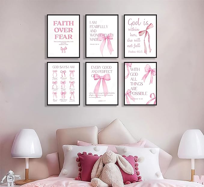 6Pcs Pink Christian Wall Art Inspirational Verse Posters Print Cute Coquette Bow Canvas Pictures for Girls Room Dorm Bathroom Bedroom Wall Decor 8x10In Unframed