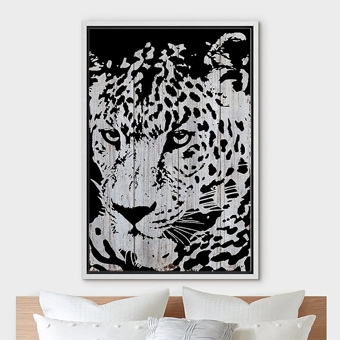 IDEA4WALL Framed Canvas Print Wall Art Grayscale Spotted Leopard on Grey Wood Panels Animals WildLife Illustrations Modern Art Tropical Portrait for Living Room, Bedroom, Office - 16"x24" WHITE