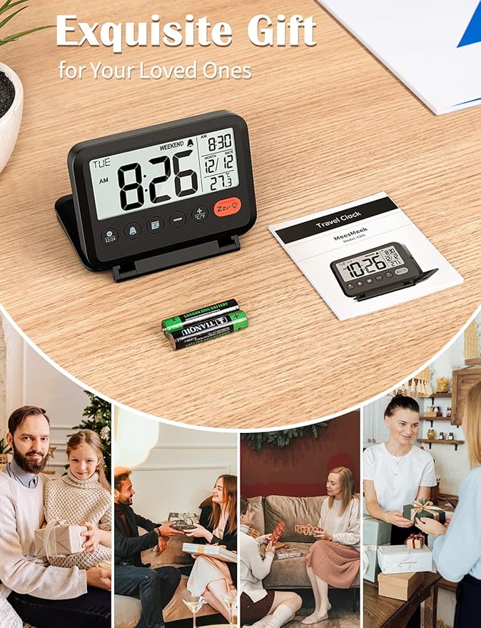 Digital Travel Alarm Clock, Black, 3.54 inch LCD Display, 9-Minute Snooze, 2 Volume Levels, Backlight, Battery Included