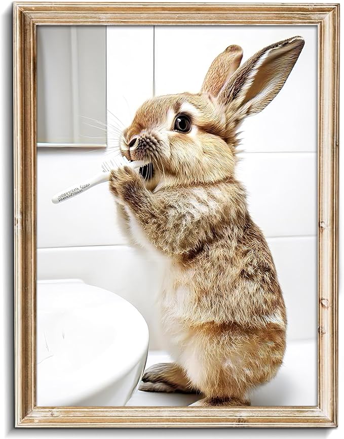 uniro Funny Bathroom Wall Art Prints, Cute Rabbit Brushing Teeth Bathroom Picture Wall Decor, Cute Bunny Animal Canvas Print Painting, Modern Bathroom Signs Wall Art Poster for Bathroom Decor( 8" x 10"-UNFRAMED)