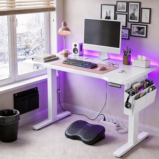 EnHomee Standing Desk with RGB Lights,Adjustable Gaming Desk 48 x 24 Height,Computer Desk with 3 Memory Presets & Ergonomic Curved Top,Sit Stand Office Desk with Storage Bag & Hook,White