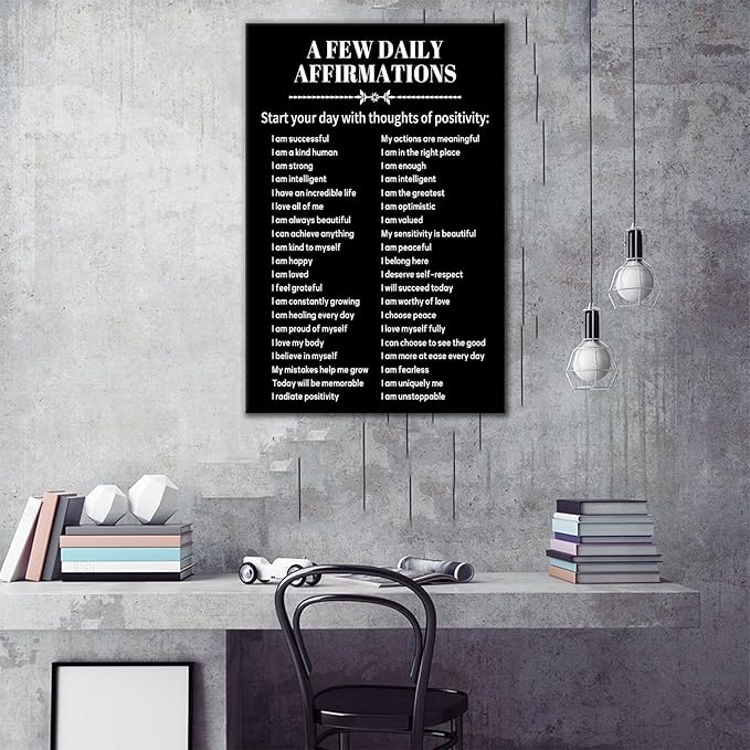 Inspirational Canvas Wall Art Office Positive Wall Decor Picture A Few Daily Affirmations Motivational Quotes Painting Artwork for Modern Home Bedroom Living Room Gym Ready to Hang [12''Wx18''H]