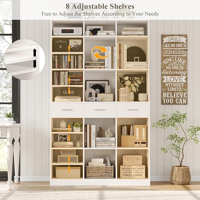 HOSTACK 75" Tall Book Shelf and Bookcase, 47" Wide Bookshelf with Drawers, Modern 9 Tier Bookcase with Storage, Large Wood Display Cabinet with Adjustable Shelves for Living Room, Home Office, White