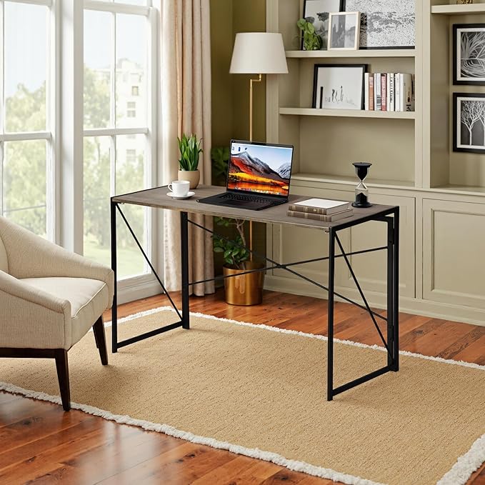 Homy Casa 47.2 Inch Foldable Laptop Desk, Space-Saving Computer Table with No Assembly Required, Sturdy Metal Frame, Minimalist Design for Home Office, Study, or Small Spaces, Vintage Brown