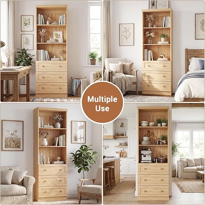 Cyclysio 80" Bookshelf with 3 Drawers, Tall Bookcase with Thickened Top Panel and 3-Tier Open Shelves, Tall Storage Cabinet for Home Office, Living Room, Natural