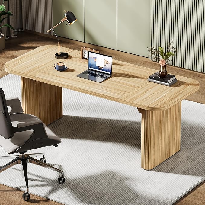 Tribesigns 62-Inch Modern Executive Desk, Wood Office Desk, Large Aesthetic Computer Desk with Double Pedestal, Workstation for Home Office (Natural Oak)