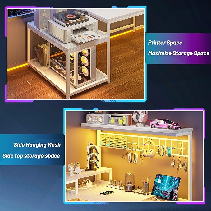 White Desk with Shelves & Hooks, 63.5" L Shaped Computer Desk with Monitor Stand & Power Outlets & LED Lights and Printer Space for Home Office, Bedroom, White