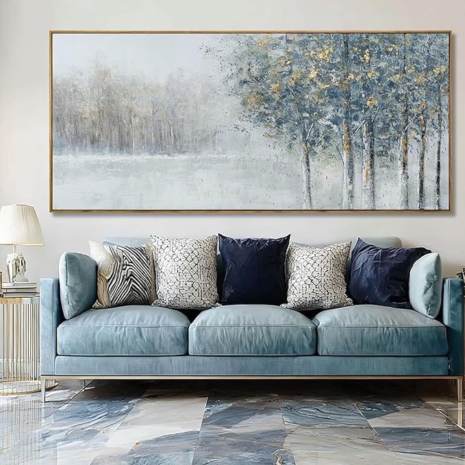 ZENPEE Blue Abstract Wall Art and Grey Tree Textured Forest Scene, 32x71 Oversized Canvas Wall Decor for Living Room Bedroom Entryway