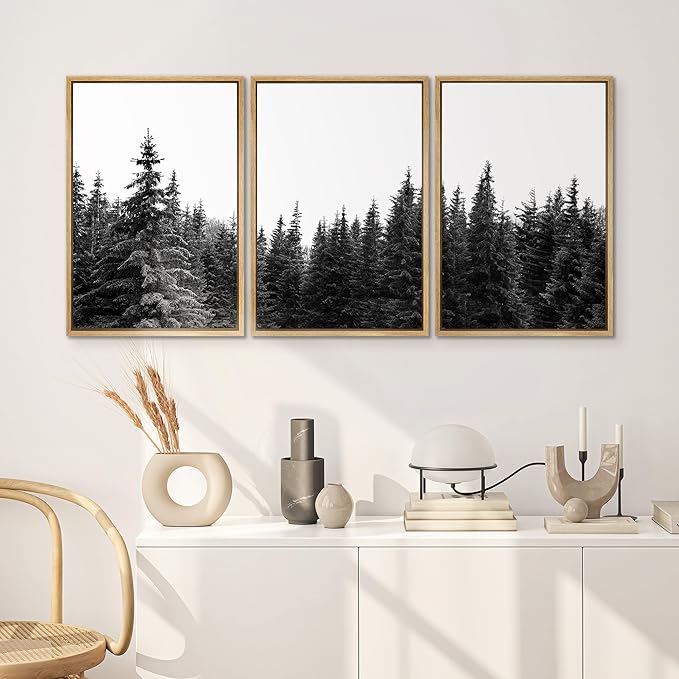 SIGNWIN 3 Piece Framed Canvas Wall Art Woodland Nursery Decor Black and White Forest Photo Nature Abstract Traditional Home Artwork Decoration for Living Room,Bedroom - 16"x24"x3 Natural