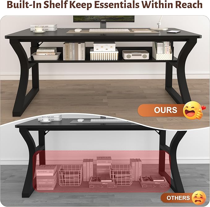 Computer Desk 55 x 23.6 Inch Home Office Desk, Large Modern Computer Desks with Storage Shelf, Metal Frame Work Study Writing Office Desk with Cable Hole, Wide Desk for PC & Monitors (Black, 55)