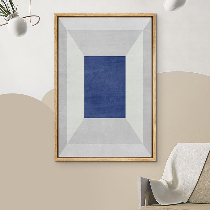 IDEA4WALL Framed Canvas Print Wall Art 3D Effect Surreal Blue Square Abstract Geometric Illustrations Modern Art Minimalism Shapes Multicolor Boho for Living Room, Bedroom, Office - 16"x24" Natural