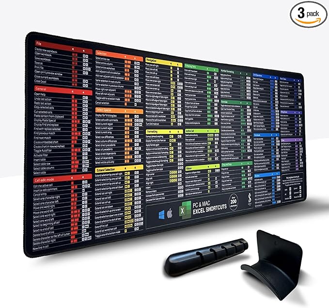 Excel Cheat Sheet Desk Pad Set 3in1, Desk Pad Includes a Cable Organizer and a Headphone Stand, Desk Mat is Dark Colored, it is Non-Slip Mousepad, +200 Commands for Mac and Windows