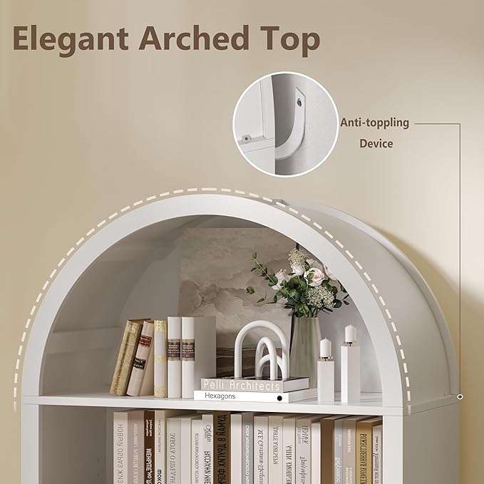 Tall Arched Bookshelf, 7-Tier Bookcase with 3 Adjustable Shelves, Modern Farmhouse Storage Shelf for Living Room, Entryway, Office, 29.5" W x 70.1" H x 13.8" D, White