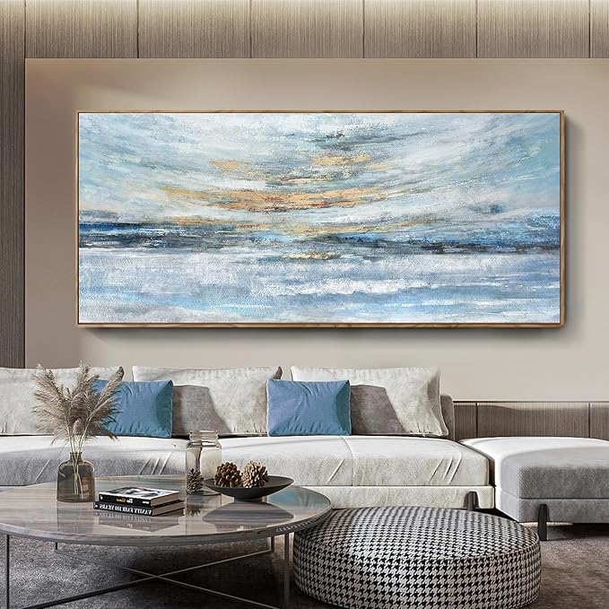 Nicetop Extra Large Framed Abstract Ocean Landscape Wall Art, Serene Sunset Painting with Natural Wooden Frame, Modern Coastal Décor for Living Room, Bedroom & Office, 71x32 Inch