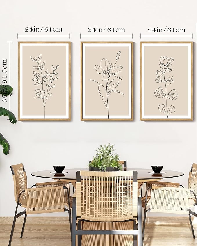 Drsoum Flower Wall Art Vintage Floral Minimalist Wall Hanging Decor Bohemain Botanical Prints Artwork for Bedroom Living Room Hallway 24x36in Natural Framed