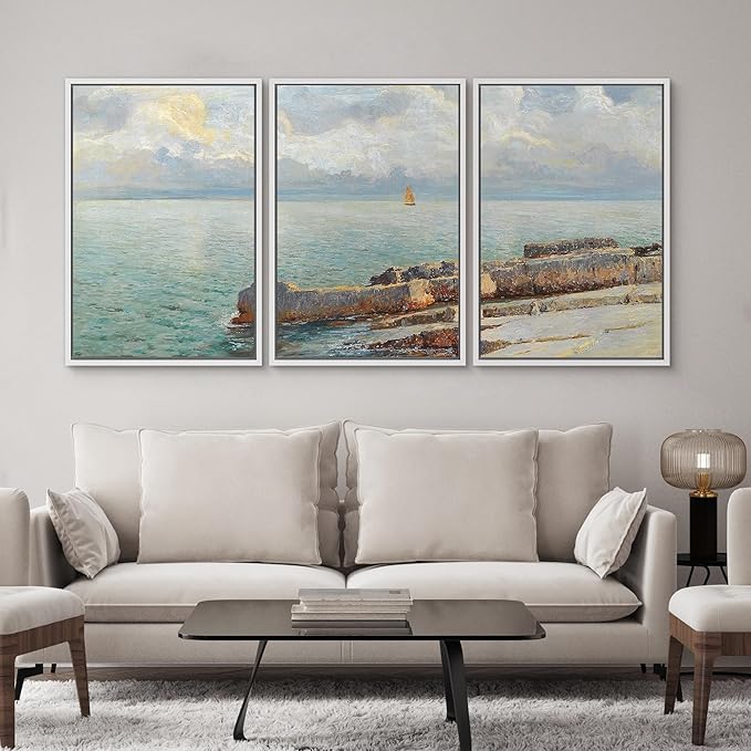 SIGNWIN Framed Canvas Print Wall Art Set Coastal Seascape Classic Ocean View with Sailboat and Rocky Shoreline Illustrations Modern Art Decorative for Living Room, Bedroom, Office - 16"x24"x3 White