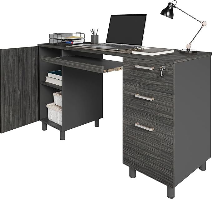 Modern Design Venice Computer Office Desk with 3 Locking Drawers and Storage Cabinet, 53 Inch Home and Office Executive, Black and Grey Desk with with Keyboard Tray by Crafts and Comfort