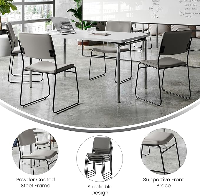 Flash Furniture Hercules Series High Density Vinyl Stacking Chairs for Waiting Rooms and Offices, Lobby Chairs with Padded Seats and Frames, Set of 5, Gray