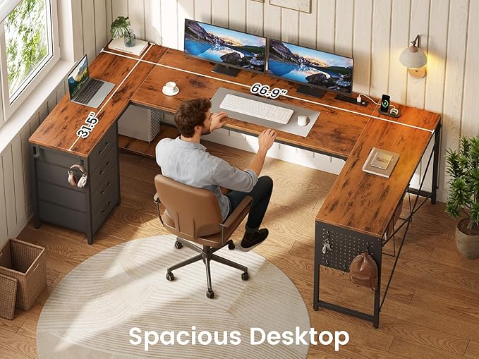 L Shaped Desk, 67" Reversible Computer Desk with 4 Fabric Drawers and Power Outlet, Corner U Shaped Desk with Shelf and Pegboard for Home Office, Rustic Brown