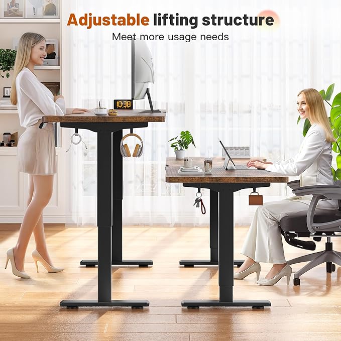 EnHomee Gaming Desk with LED Lights,Computer Desk Adjustable Electric Standing Height Office Desk with 3 Memory Preset,Storage Side Pocket and Cable Management,Rustic Brown，48 x 24 Inch