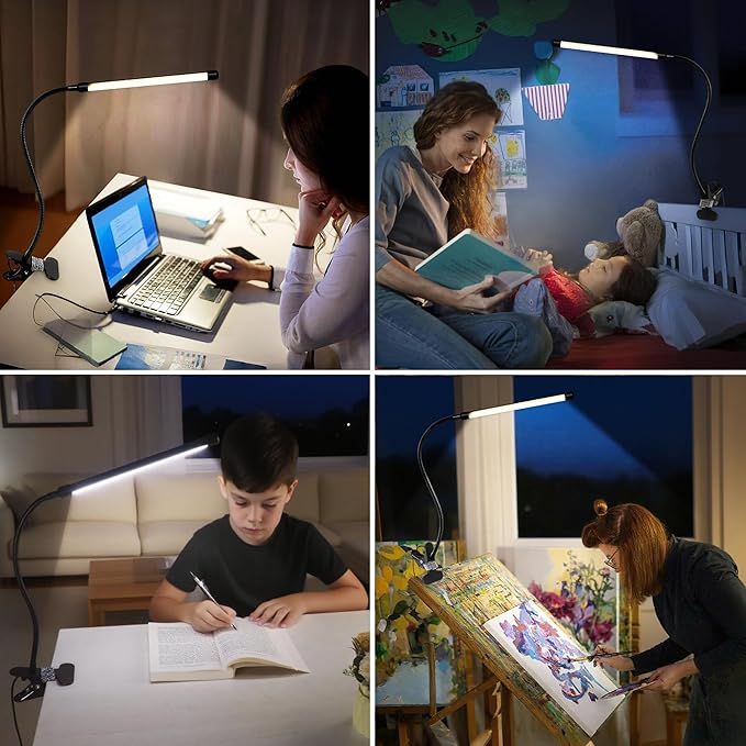 LED Clip on Light 8W Reading Lights for Books in Bed, Adjustable 3 Modes 10 Brightness Dimmable Clamp Lamp, Flexible Book Light Clip on for Bed Workbench Drafting, 580LM, USB Adapter Included