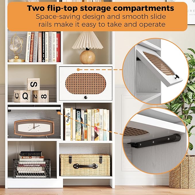 IRONCK Bookshelf and Bookcase with 2 Rattan Design Flip-top Storage Cabinets, 6 Tier 8 Cube Bookcases Storage Shelves Organizer for Living Room, 35.4" White
