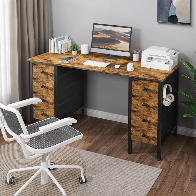 DLisiting Home Office Desk with Drawers for Storage - 55 inch Computer Desk with 8 Fabric Drawer, Writing Study Work Desks with Drawers on Both Sides for Bedroom