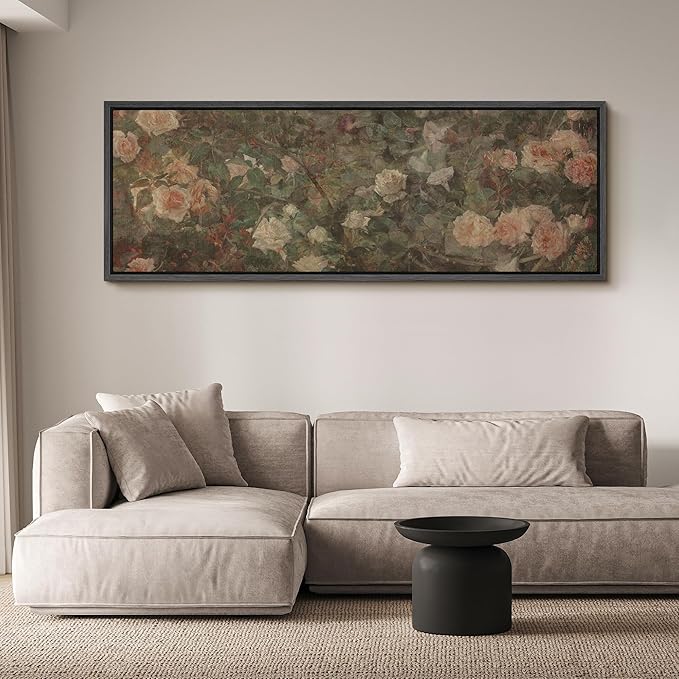 SIGNFORD Large Framed Canvas Vintage White Rose Garden Print Classic Floral Illustrations Modern Art Calm Warm for Living Room, Bedroom, Office - 60"x20"
