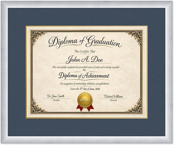 Diploma Frame Stainless Silver with Navy Blue Over Gold Double Mat - Fits 17 x 13 International Diploma Wall Display Made in the USA