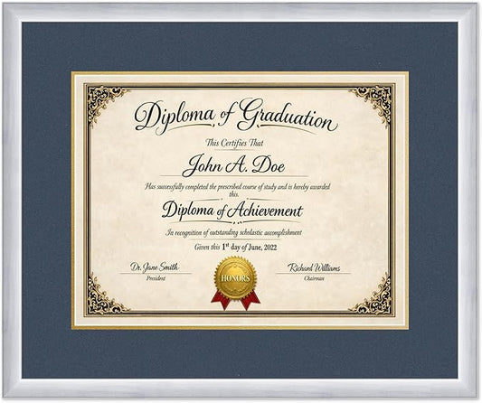 Diploma Frame Stainless Silver with Navy Blue Over Gold Double Mat - Fits 17 x 13 International Diploma Wall Display Made in the USA