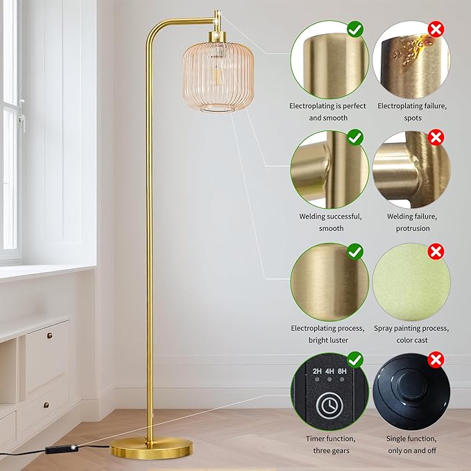 MAYNA Mid Century Modern Floor Lamp, Amber Ribbed Glass Standing Lamp with Built-in Timer Switch, Gold Tall Vintage Lamps for Living Room Bedroom, 2700K LED Bulb Included