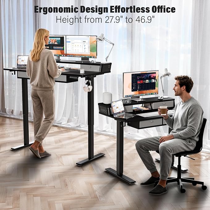 Kingant 40 x 24 Inch Small Electric Standing Desk with 4 Drawers, Height Adjustable Sit to Stand Computer Desk with Storage Shelf and C-Clamp Mount Compatibility for Home Office, Black