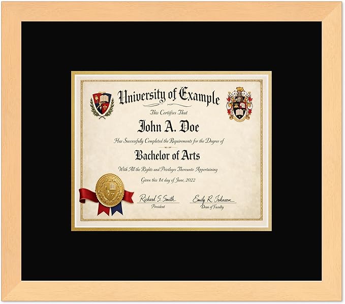 CountryArtHouse Diploma Frame Fits 10 x 8 Professional License - Keepsake Graduation Display Natural Wood Genuine Hardwood with Black Over Metallic Gold Double mat